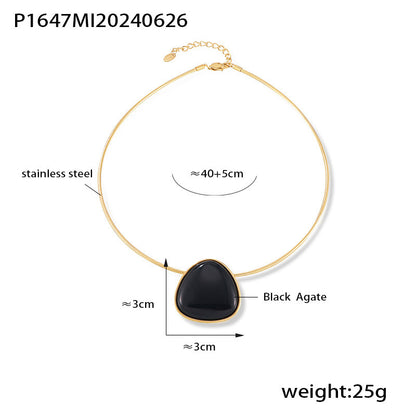 B廠【P1647】ins風個性胖三角鑲嵌黑瑪瑙吊墜小眾設計簡約時尚百搭鈦鋼項鍊女 24.07-1
