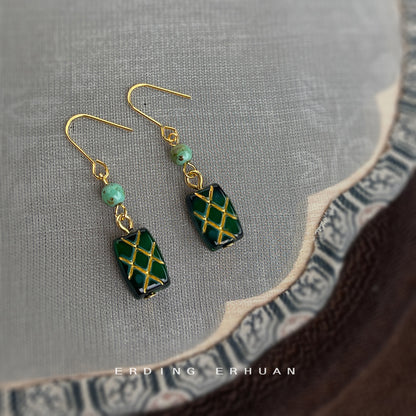 A廠【6445】新中式捷克琉璃手工耳環女文藝復古新款耳環長款幾何飾品 25.07-3