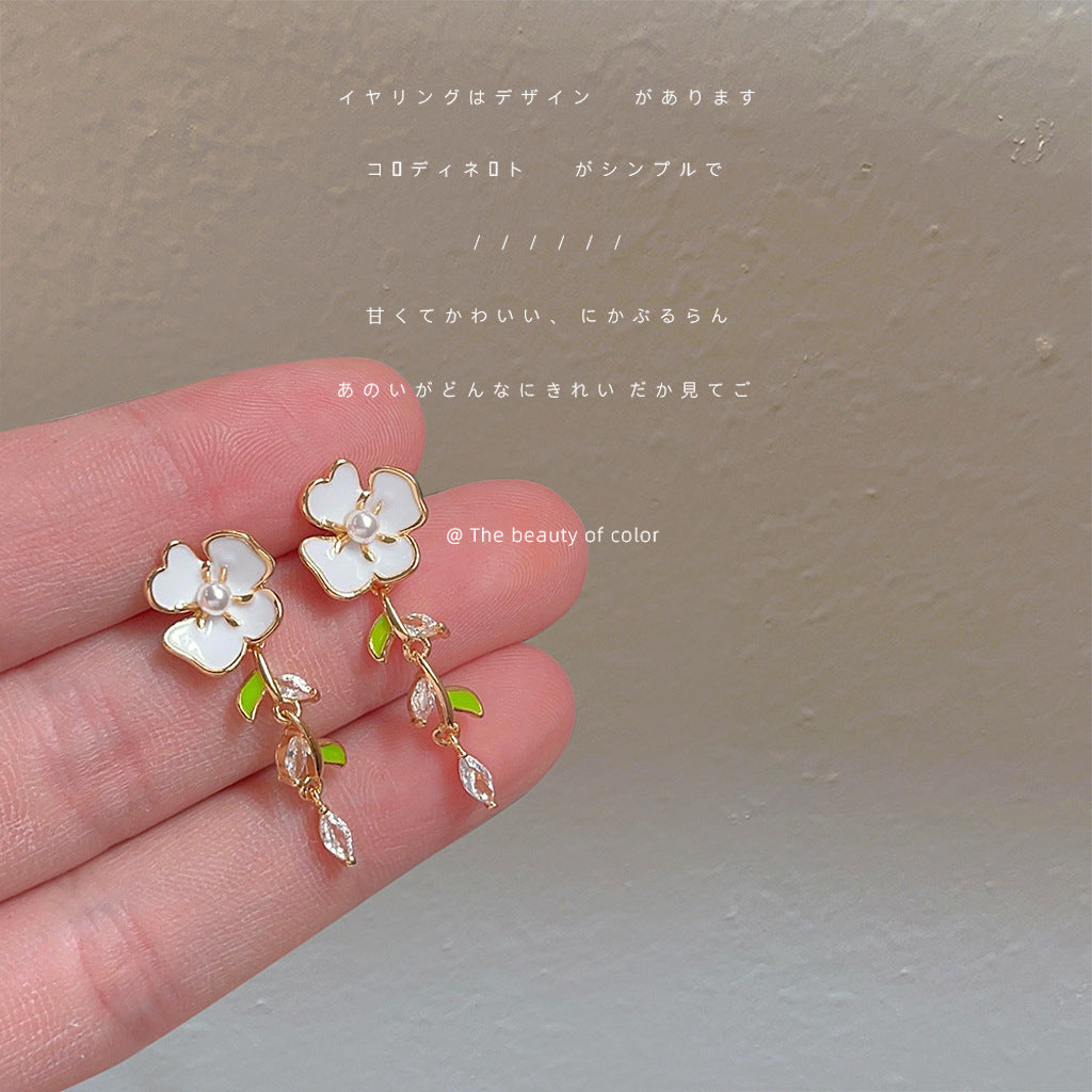 A廠【2551】春夏森系清新微鑲鋯石花朵耳環925銀針度假風滴釉樹葉甜美耳飾女
 25.11-4