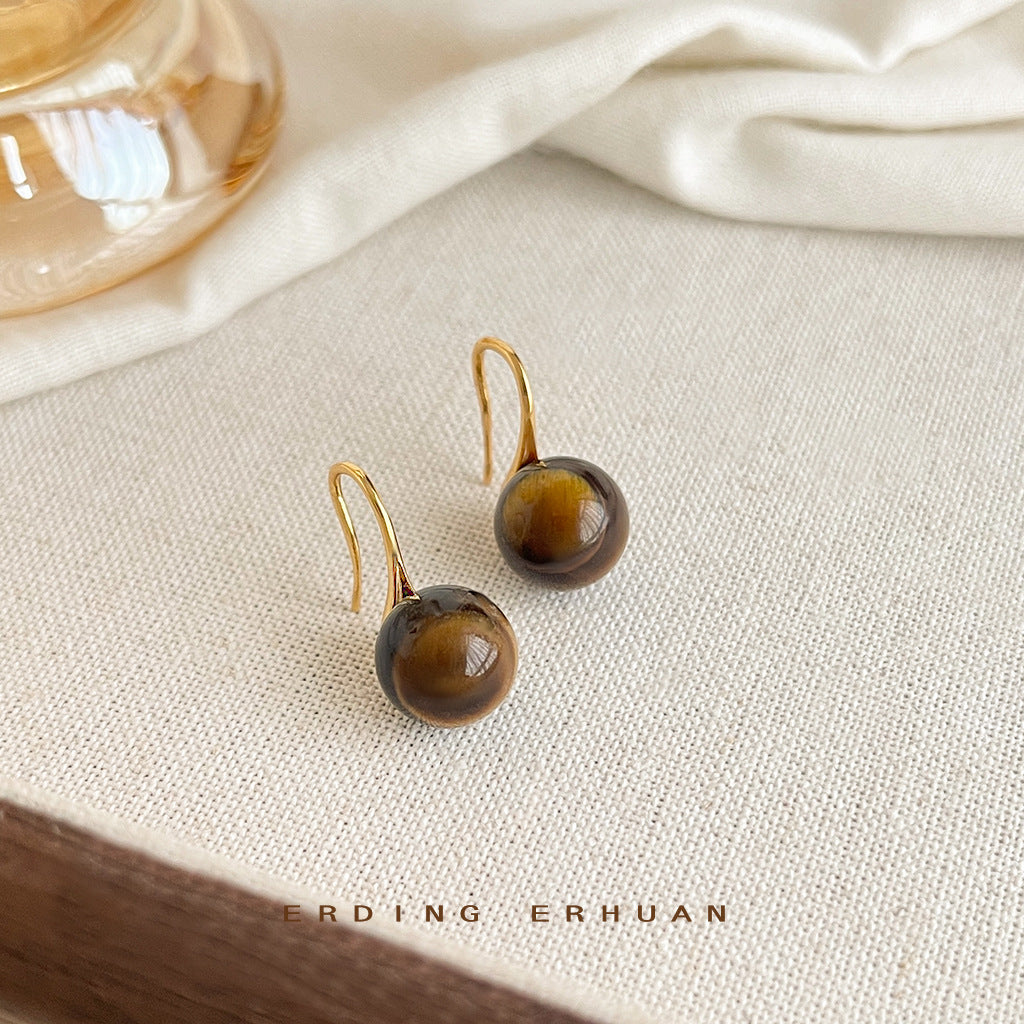 C廠【4953】虎眼石~時尚通勤鍍14K高級感簡約百搭圓形幾何球耳飾耳環女
 25.11-1