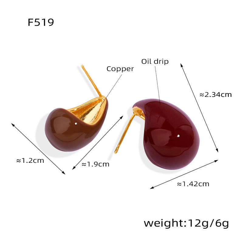 B廠【F519】歐美爆款砝碼彩釉瓜子逗號耳環半邊空心水滴形耳環銅鍍18k金耳飾 24.01-3