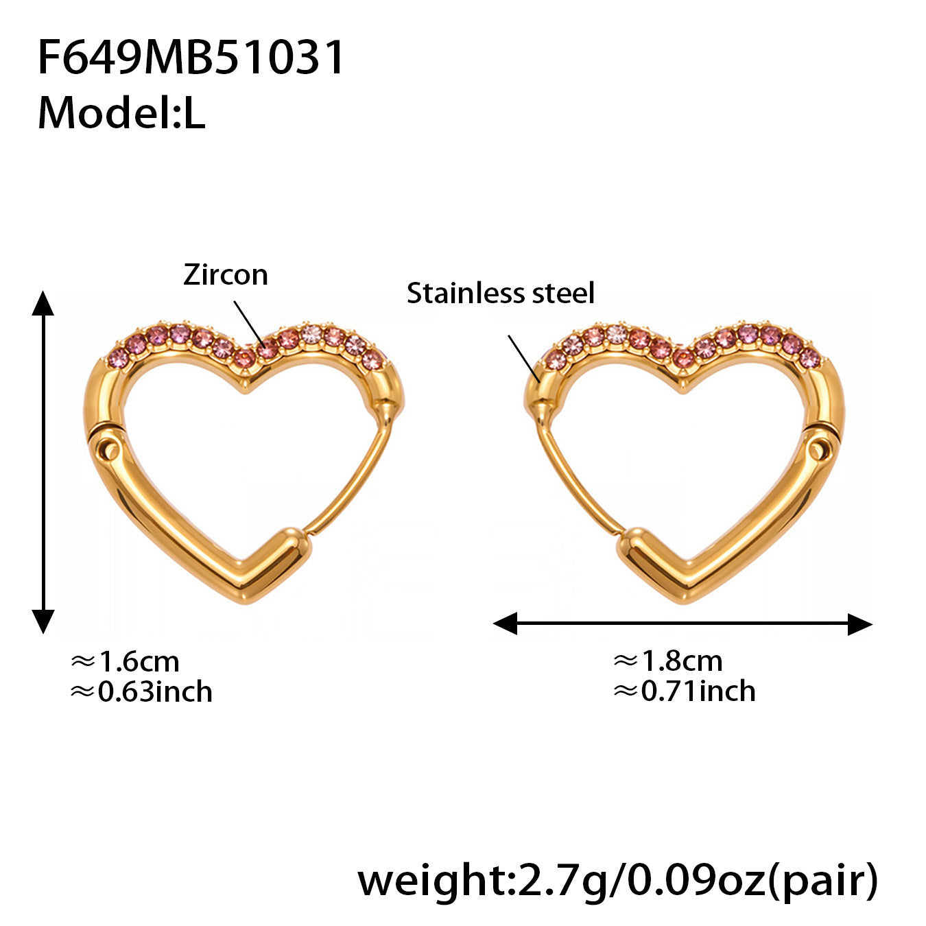 B廠【F649】跨境新款愛心彩色鋯石耳環耳環不鏽鋼鍍18k金時尚百搭耳飾
 25.11-1