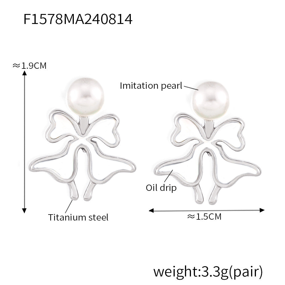 B廠【F1578】跨境仿珍珠彩釉蝴蝶花耳環鈦鋼小眾氣質設計輕奢個性耳環流行飾品 24.08-3