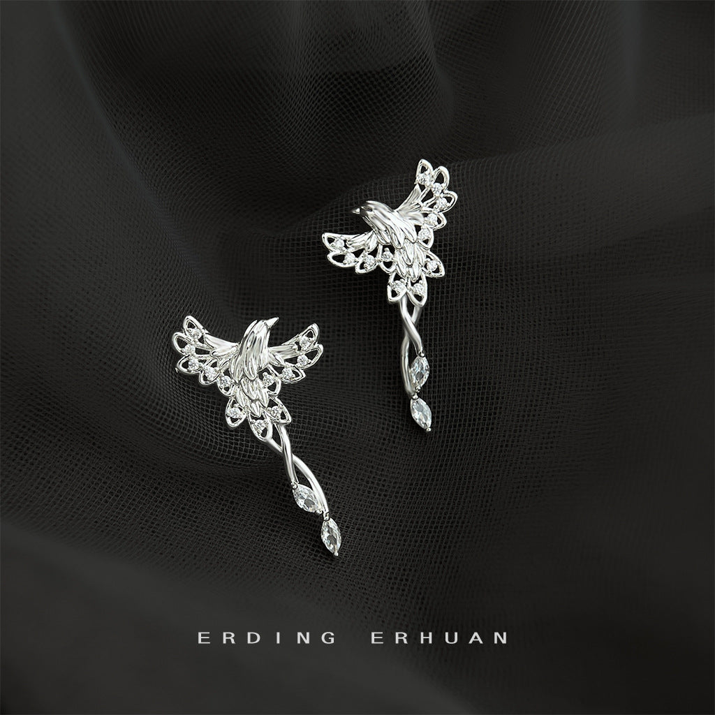 A廠【6854】原創鳳舞~微鑲鋯石925銀針鍍厚銀鳳凰鳥耳環女輕奢風個性小眾耳飾
 25.10-3