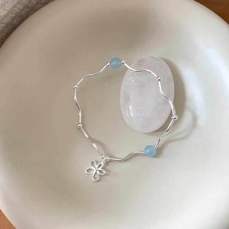 F廠【DQ0458S】S925純銀韓版鏤空花朵彎管手鍊女氣質高級感海藍石百搭手飾潮
 25.10-3