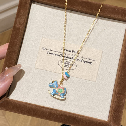 F廠【DQ2236N】馬卡龍歡樂搖搖木馬項鍊女S925純銀輕奢精緻琺瑯生肖馬鎖骨鏈
 25.11-1