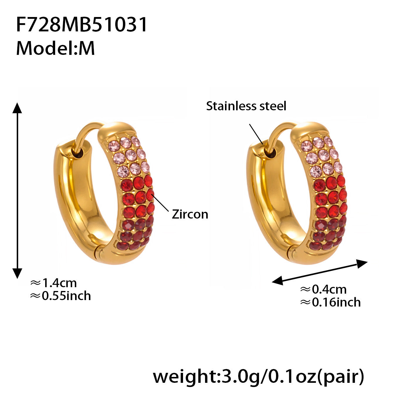 B廠【F728】高質感滿鋯三排鑽球面U型耳扣鍍18k真金輕奢百搭不鏽鋼耳環
 25.11-1