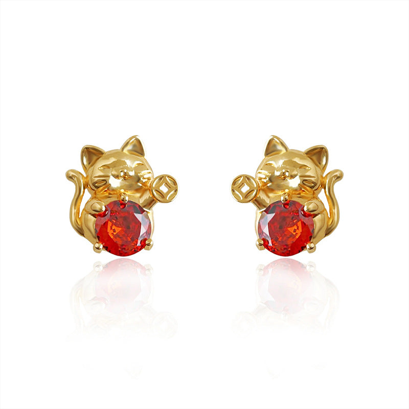 C廠【6990】原創招財貓！ 925銀針鑲嵌鋯石個性小眾設計趣味貓咪耳環
 25.10-5