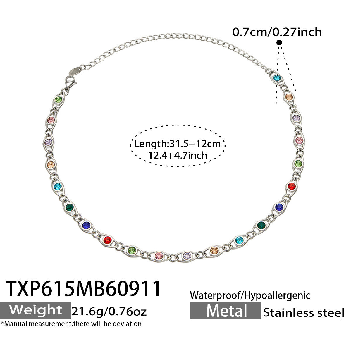 B廠【TXP615】歐美流行多巴胺高級感彩色鋯石不銹鋼手鍊項鍊不掉色時尚女鎖骨鏈
 26.09-3