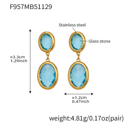 B廠【F957】不鏽鋼幾何橢圓吊墜切面玻璃石耳環ins小眾設計百搭耳飾鍍18k真金
 25.12-1