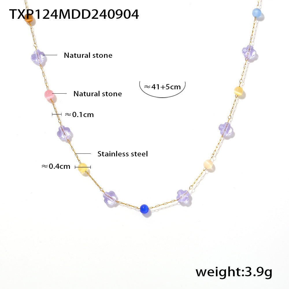 B廠【E124】歐美ins風多彩天然石鎖骨項鍊手鍊 不銹鋼小眾多巴胺手工鍊套裝女 24.09-3