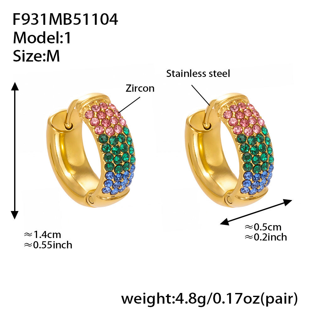 B廠【F931】彩色鋯石拼色圓圈耳環大中小尺寸耳扣不銹鋼鍍18k真金飾品
 25.11-2