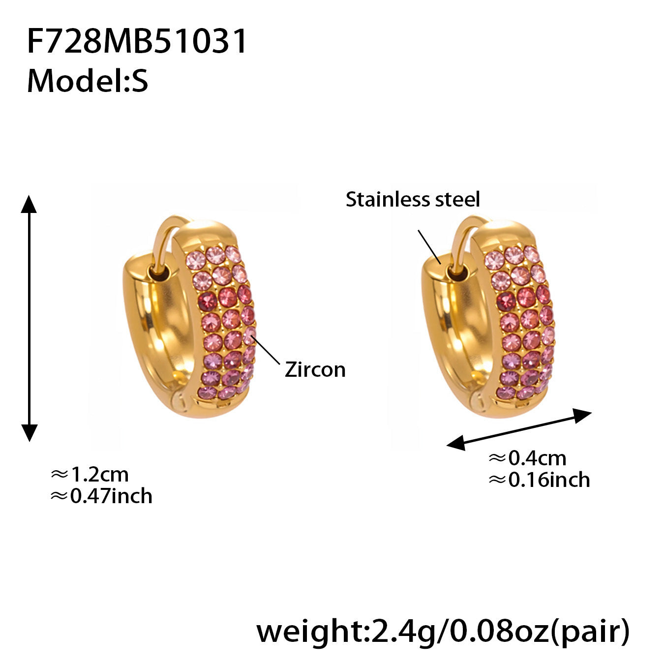 B廠【F728】高質感滿鋯三排鑽球面U型耳扣鍍18k真金輕奢百搭不鏽鋼耳環
 25.11-1