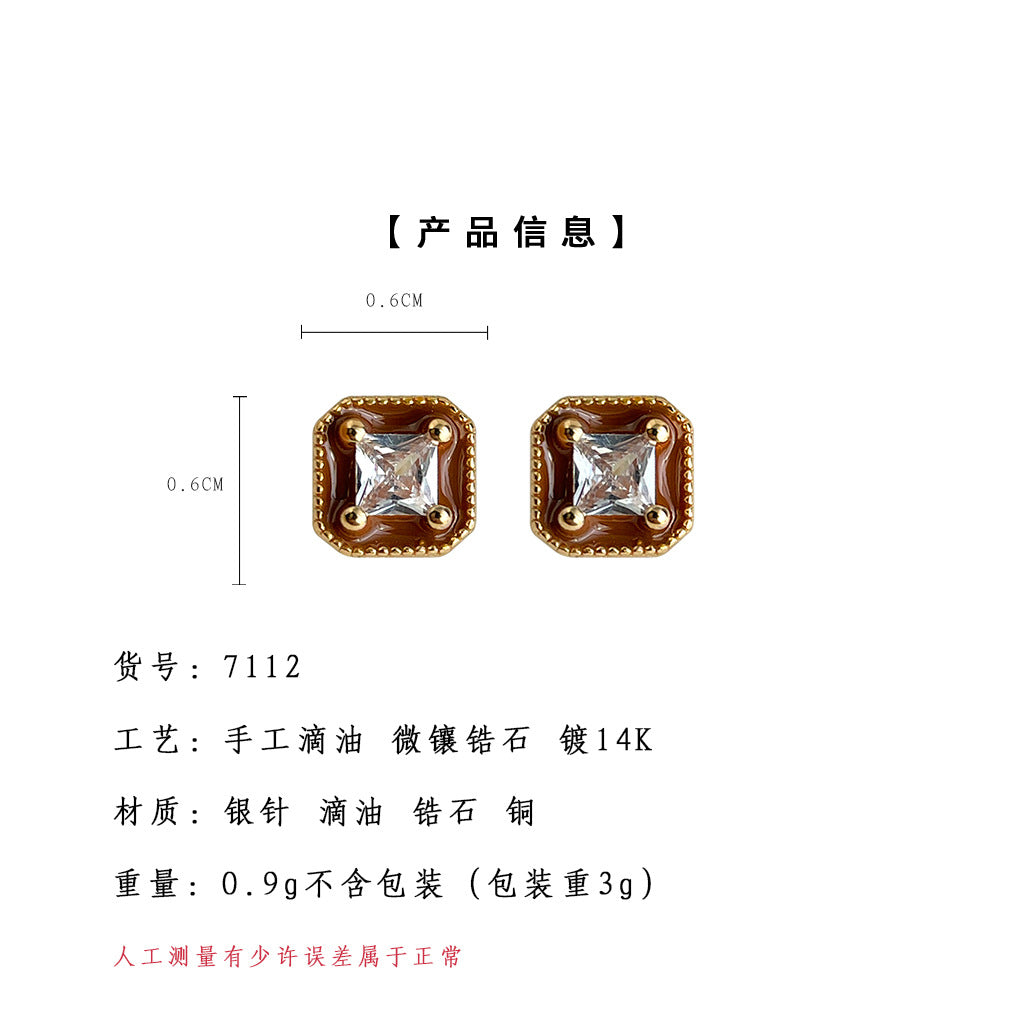 A廠【7112】迷你版~鋯石幾何方形925銀針小耳環日常通勤睡覺不用摘耳飾女
 25.11-3