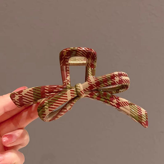 C廠【X53】美拉德格子蝴蝶結壓克力抓夾女後腦勺鯊魚夾復古大號髮夾頭飾夾子
 26.04-1