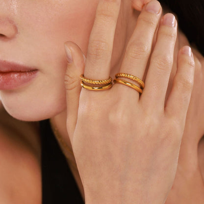 B廠【A123】ins輕奢風雙層光面麻花戒指開口食指戒不銹鋼鍍18k金不掉色 25.03-1