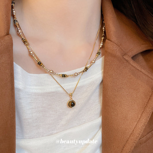 A廠【HN10420】18k真金電鍍虎眼石珍珠串珠項鍊美拉德高級感鎖骨鏈復古國潮頸鍊
 25.10-5