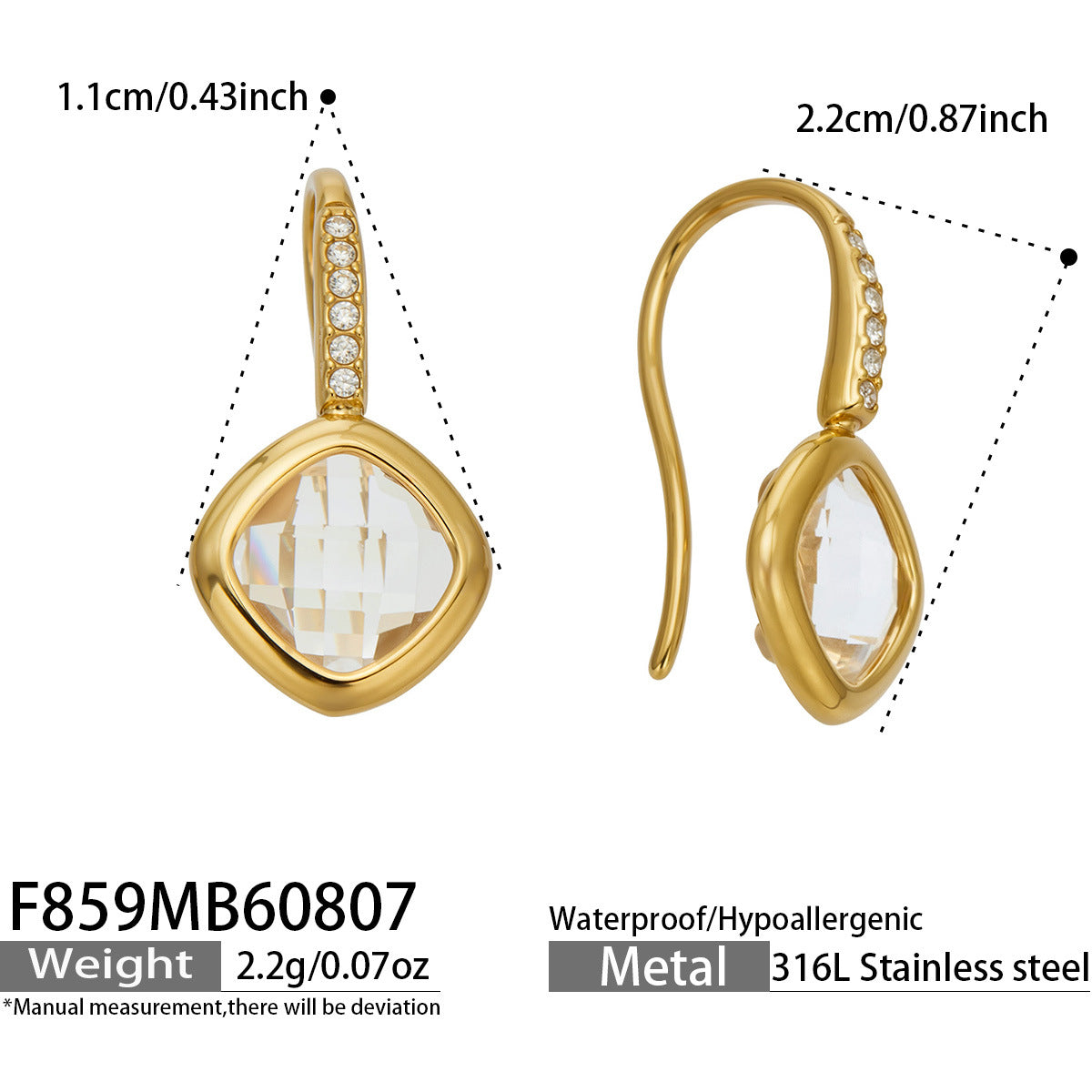 B廠【F859】歐美超閃捷克玻璃鑲鋯石吊墜耳環不鏽鋼材質保色高級感女飾品耳飾
 26.08-2