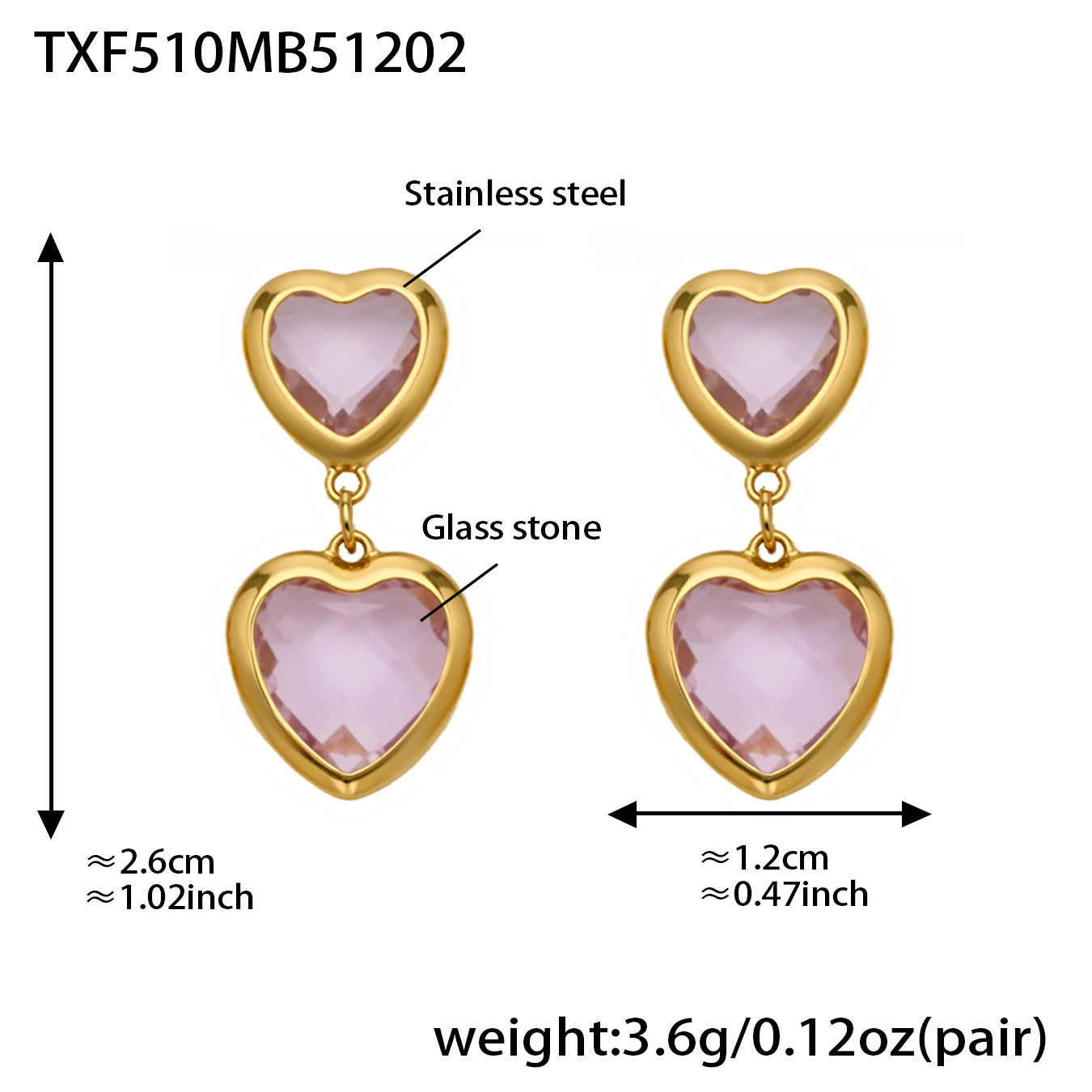 B廠【TXP510】不鏽鋼愛心切麵包邊玻璃石鋼珠項鍊手鍊耳環組鍍18k真金不掉色
 25.12-2