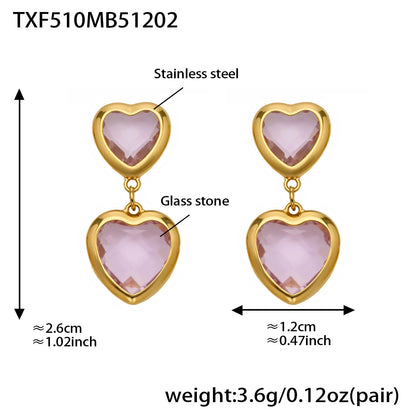 B廠【TXP510】不鏽鋼愛心切麵包邊玻璃石鋼珠項鍊手鍊耳環組鍍18k真金不掉色
 25.12-2