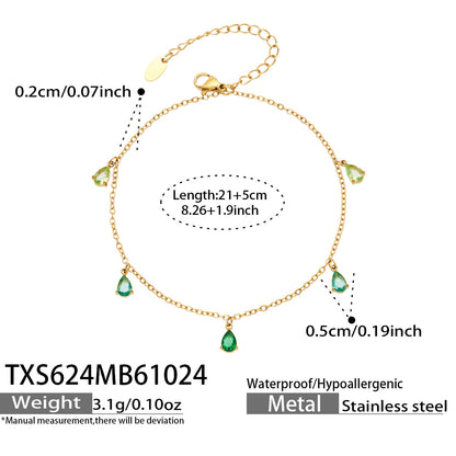 B廠【TXE624】歐美時尚水滴鑲嵌多巴胺鋯石鏈條不鏽鋼鍍金手鍊腳鍊套裝
 26.10-5