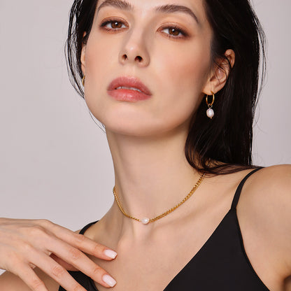 B廠【P539】新款鈦鋼鏈條簡約單顆珍珠項鍊吊墜耳環輕奢氣質鍍18K真金 25.03-4