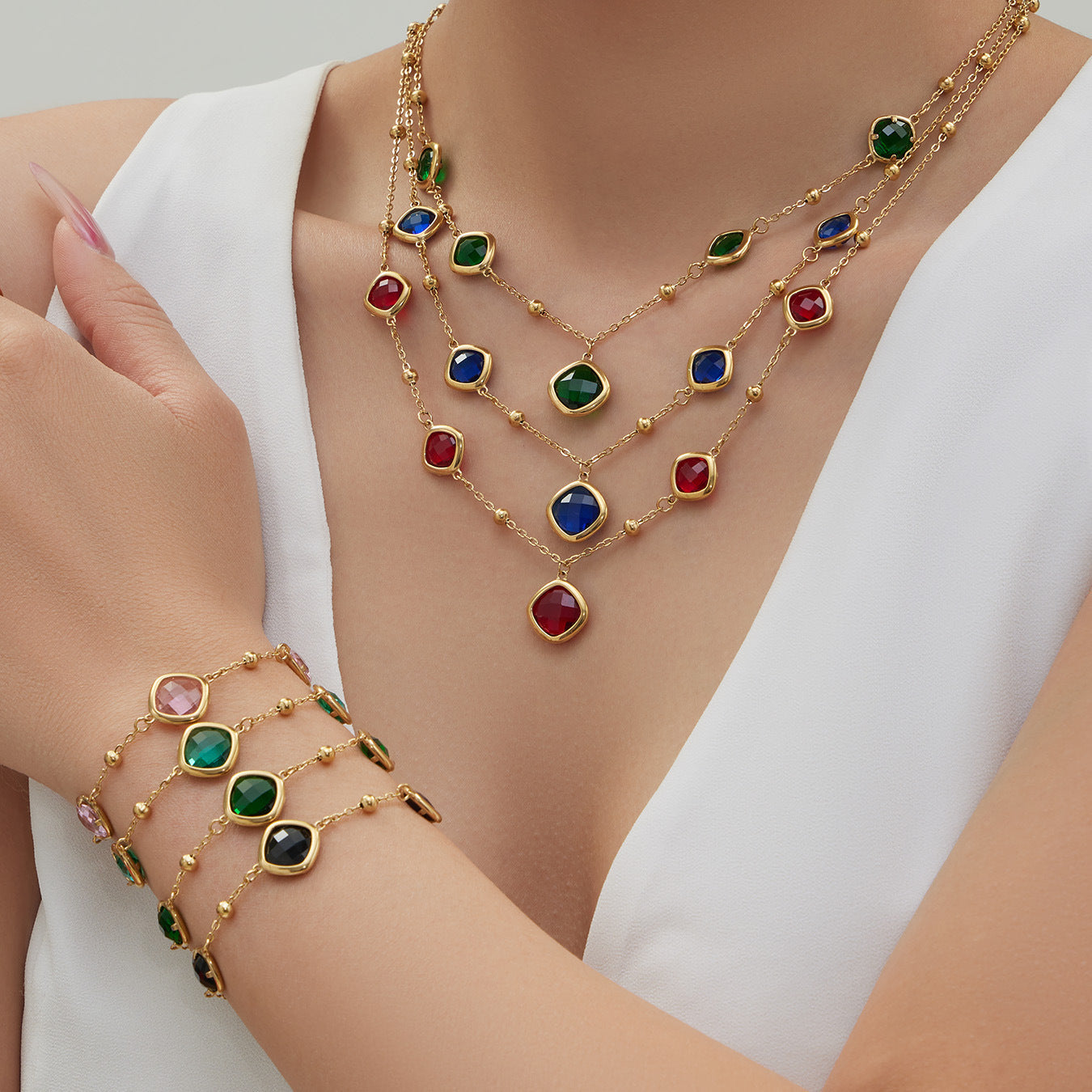 B廠【TXP517】不銹鋼方形切麵包邊玻璃石吊墜耳環項鍊手鍊珠寶首飾套裝鍍18k金
 25.12-2