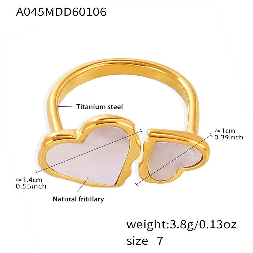 B廠【A045】歐美跨境幾何雙愛心開口天然貝母戒指不鏽鋼鍍18k真金氣質手飾品
 26.01-2