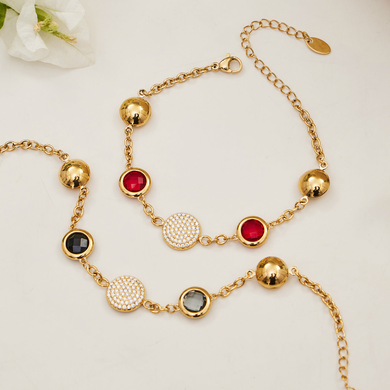 B廠【TXE508】不鏽鋼滿鑽鋯石切面包邊玻璃石手鍊耳環鍍18k真金首飾組不掉色
 25.12-1