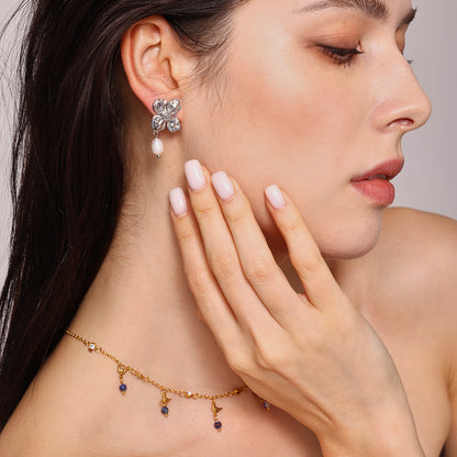 B廠【F1363】花瓣流蘇淡水珍珠耳環耳環歐美氣質輕奢鈦鋼花朵耳環 25.01-4