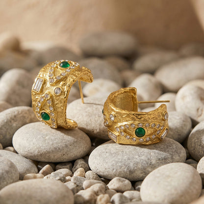 B廠【TXF090】歐美ins小眾設計幾何C型耳環鑲嵌綠松石水鑽高質感耳飾不銹鋼材質
 26.03-3