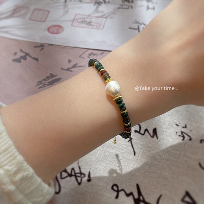 A廠【S201】天然石印度瑪瑙淡水珍珠文藝復古民族風手工藝設計師款手鍊手飾 25.03-4
