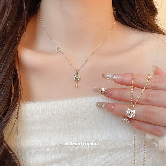 A廠【HN10589】14k真金電鍍鋯石愛心鑰匙吊墜項鍊輕奢小眾鎖骨鏈日常通勤頸鍊女
 25.11-2