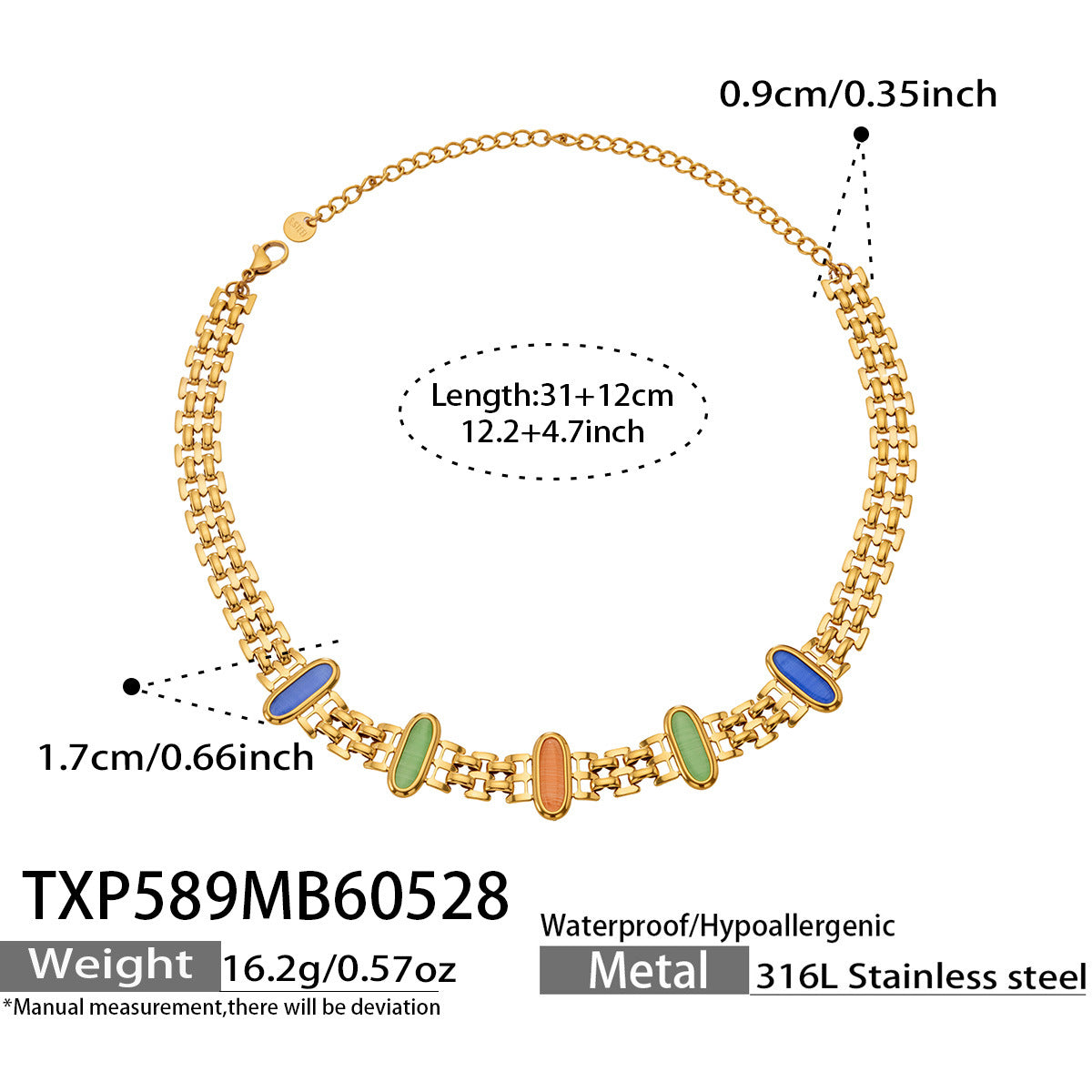 B廠【TXP589】歐美不鏽鋼鑲嵌鵝蛋貓眼石項鍊手鍊套裝跨境簡約輕奢時尚百搭首飾
 26.06-1