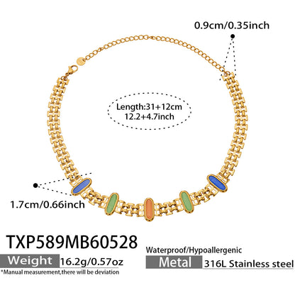B廠【TXP589】歐美不鏽鋼鑲嵌鵝蛋貓眼石項鍊手鍊套裝跨境簡約輕奢時尚百搭首飾
 26.06-1