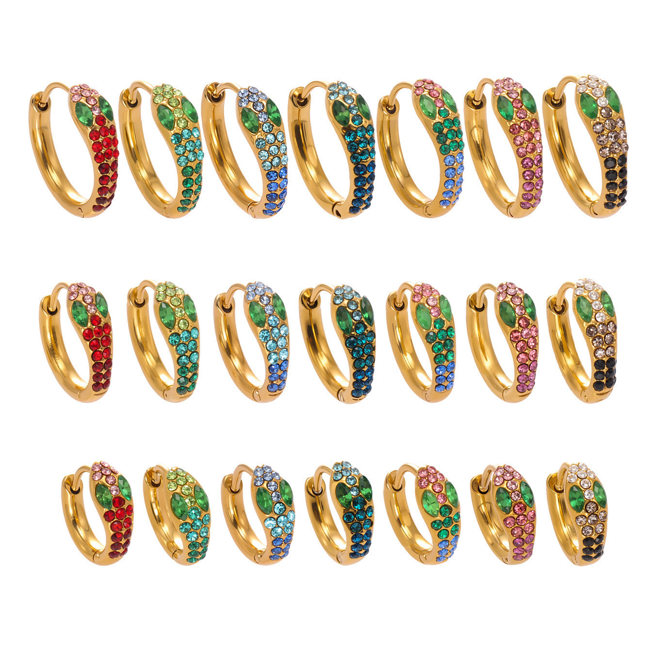 B廠【F650】彩色鋯石U形耳環不鏽鋼鍍18k真金蛇形滿鑽輕奢時尚百搭耳飾
 25.11-1