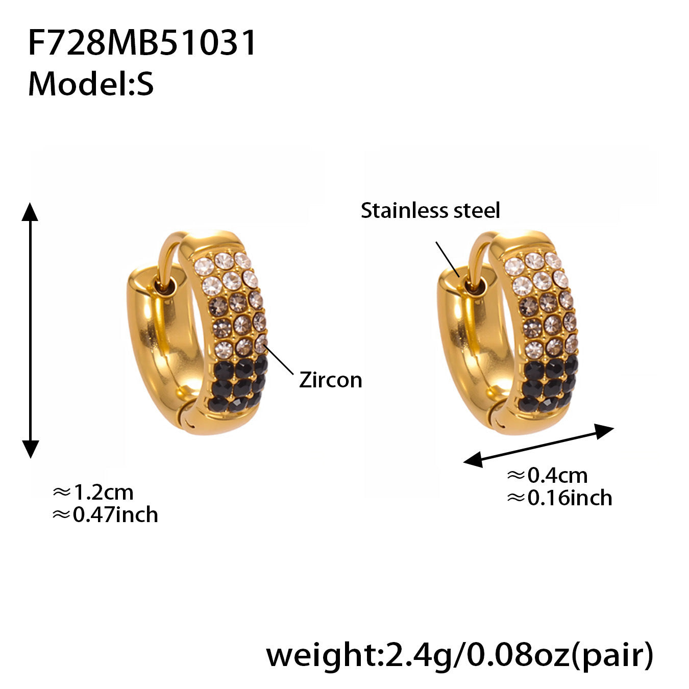 B廠【F728】高質感滿鋯三排鑽球面U型耳扣鍍18k真金輕奢百搭不鏽鋼耳環
 25.11-1