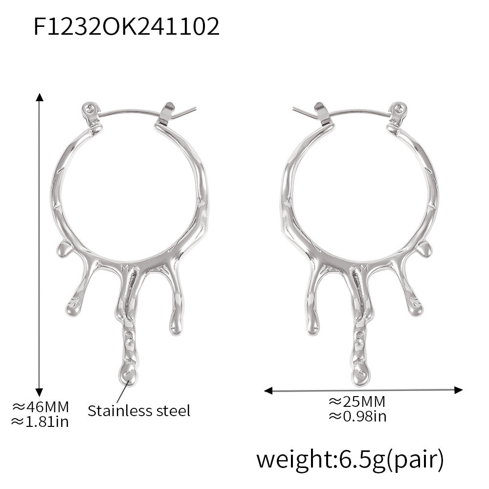 B廠【F1232】 歐美風時尚個性岩溶水滴液態耳環不規則耳圈不鏽鋼鍍18k金 24.11-2