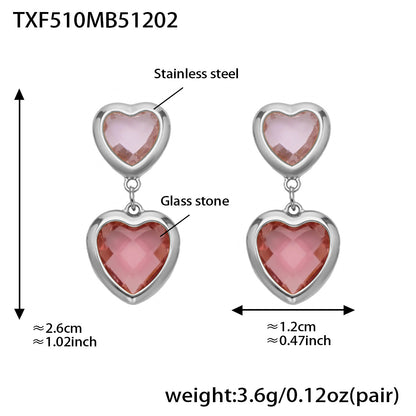 B廠【TXP510】不鏽鋼愛心切麵包邊玻璃石鋼珠項鍊手鍊耳環組鍍18k真金不掉色
 25.12-2