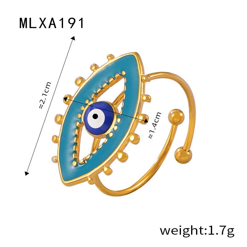 B廠【A191】歐美時尚簡約個性小眾戒指砝碼彩釉惡魔之眼造型鈦鋼開口食指戒女 24.03-4