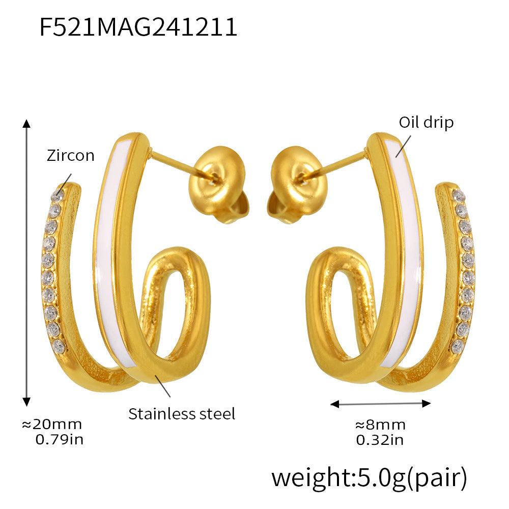 B廠【F521】不鏽鋼微鑲鋯石琺瑯色釉耳環輕奢氣質耳環個性百搭小眾耳飾 24.12-3
