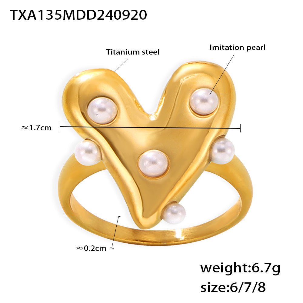 B廠【TXP135】歐美風新款愛心鑲仿珍珠首飾不鏽鋼PVD電鍍項鍊耳環戒指手鍊套裝 24.09-4