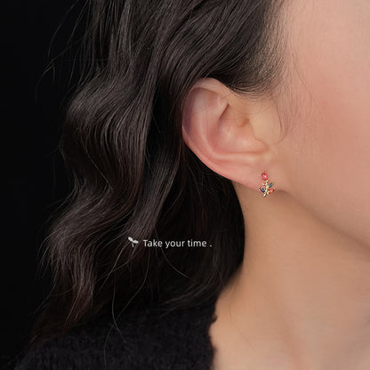 A廠【5682】迷你版~微鑲彩色鋯石小樹葉鍍14K簡約甜美清新耳環耳飾 25.03-2