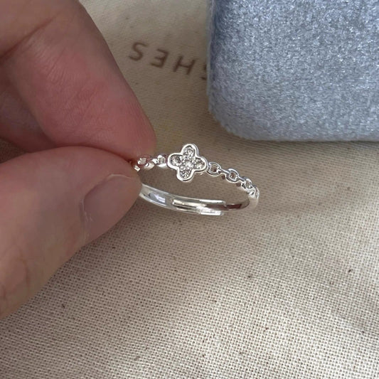 E廠【XDQ8361R】韓系時尚鑲鑽四葉草戒指女925純銀簡約ins開口指環百搭食指戒
 26.04-4