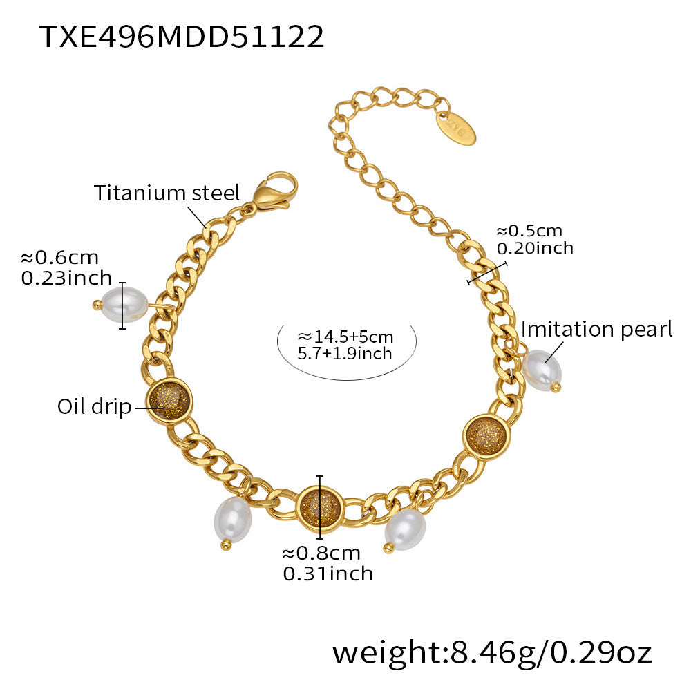 B廠【TXP496】歐美熱銷款仿珍珠流蘇項鍊手鍊不鏽鋼鍍18k金ins小眾設計首飾套裝
 25.11-4