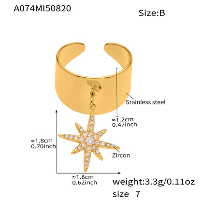 B廠【A074】跨境新不銹鋼寬面開口五角星八芒星鑲鋯石戒指鍍18k真金
 25.09-4