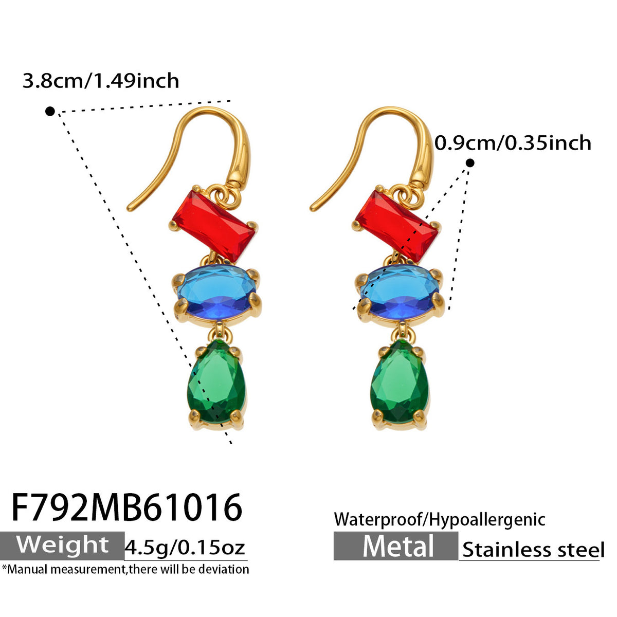 B廠【F792】個性疊層彩鋯流蘇耳墜不鏽鋼鍍18k金耳環
 26.10-4