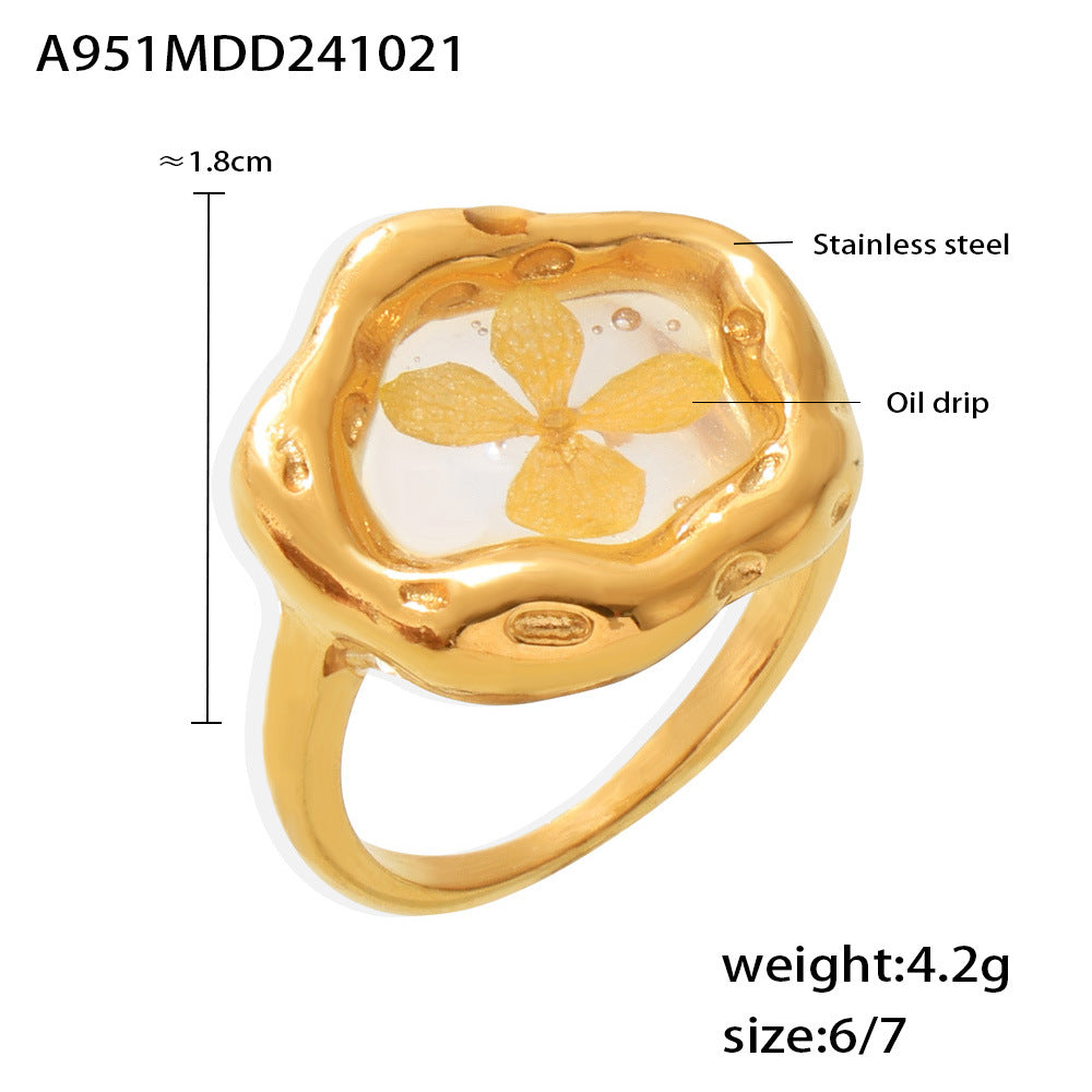B廠【A951】歐美小眾滴油乾燥花戒指輕奢感冷淡風植物花卉不鏽鋼食指戒女 24.10-4