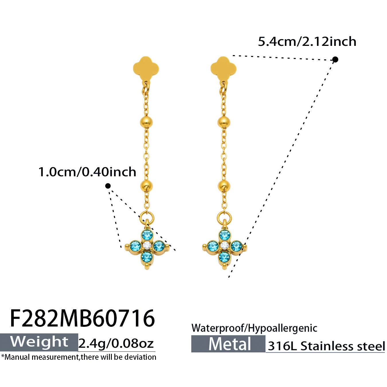 B廠【F282】歐美甜美風不鏽鋼鍍18k金 鑲嵌鋯石四葉花長吊墜耳環時尚飾品女
 26.07-4