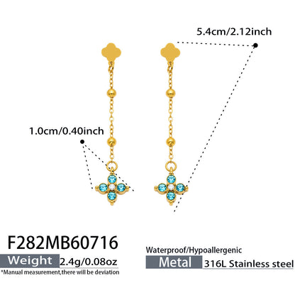 B廠【F282】歐美甜美風不鏽鋼鍍18k金 鑲嵌鋯石四葉花長吊墜耳環時尚飾品女
 26.07-4